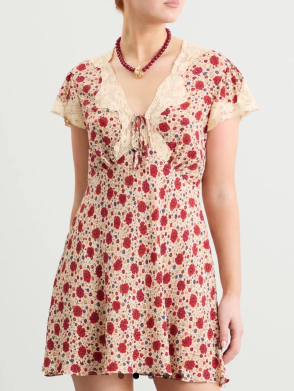 RIXO Lacie Floral Lace-Trim Mini Dress in Cream and Red